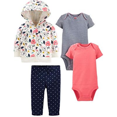 Simple Joys by Carter's Baby-Mädchen 4-Piece Jacket, Pant, and Bodysuit Layette-Set, Ecru Floral/Korallenrosa/Marineblau Punkte/Streifen, 0 Monate Simple Joys by Carter's Baby-Mädchen 4-Piece Jacket, Pant, and Bodysuit Layette-Set, Ecru Floral/Korallenrosa/Marineblau Punkte/Streifen, 0 Monate