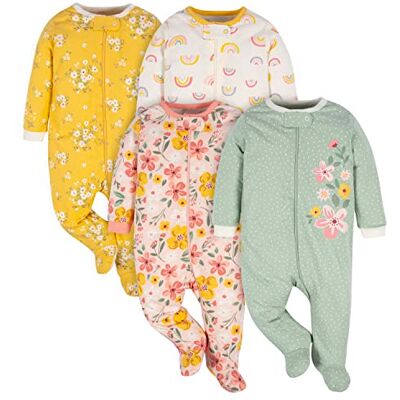 Gerber Baby-Mädchen-4er-Pack Sleep'N Play Strampler und Kleinkind-Schlafanzüge, goldenes Blumenmuster, 6–9 Monate Gerber Baby-Mädchen-4er-Pack Sleep'N Play Strampler und Kleinkind-Schlafanzüge, goldenes Blumenmuster, 6–9 Monate