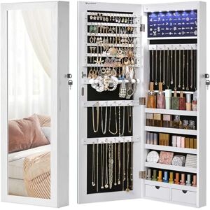 SONGMICS Schmuckschrank hängend, Wandspiegel, 6 LED-Glühbirnen, abschließbarer Spiegelschrank, Wandschrank, Wandmontage, an der Tür hängend, weihnachten, weiß mit Holzmaserung JBC93W SONGMICS Schmuckschrank hängend, Wandspiegel, 6 LED-Glühbirnen, abschließbarer Spiegelschrank, Wandschrank, Wandmontage, an der Tür hängend, weihnachten, weiß mit Holzmaserung JBC93W
