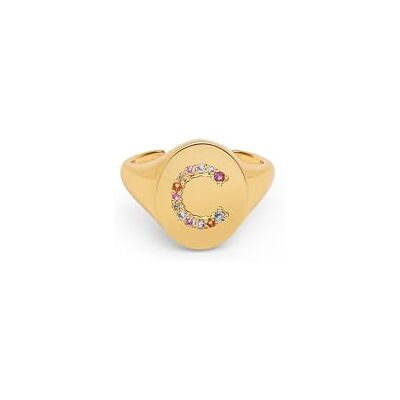 SINGULARU Personalisierter Ring Signet Letter Colors. Messing mit 18 Kt Vergoldeter Beschichtung und Zirkonia. Schmuck für Damen. Buchstabe C. SINGULARU Personalisierter Ring Signet Letter Colors. Messing mit 18 Kt Vergoldeter Beschichtung und Zirkonia. Schmuck für Damen. Buchstabe C.