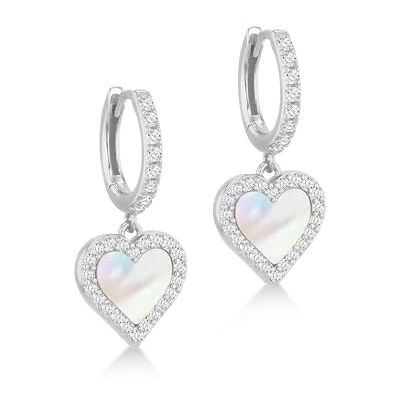 Amazon Creolen aus Sterlingsilber mit hängendem Herz, Perlmutt und Zirkonia Amazon Creolen aus Sterlingsilber mit hängendem Herz, Perlmutt und Zirkonia