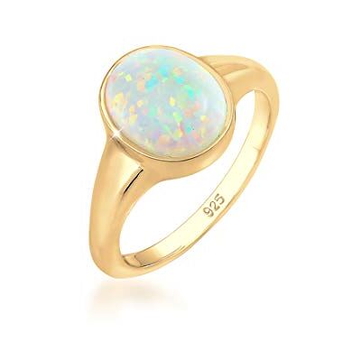 Elli Damenring, Modeschmuck, mit synthetischem Opal, aus 925er Sterlingsilber, vergoldet, 52 (16.6), 925 Sterling Silber, 925 Sterling Silber, Opal Elli Damenring, Modeschmuck, mit synthetischem Opal, aus 925er Sterlingsilber, vergoldet, 52 (16.6), 925 Sterling Silber, 925 Sterling Silber, Opal