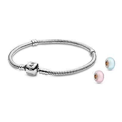 PANDORA Moments Style Your Story Set Schlangen-Gliederarmband inkl. mattem rosafarbenen und blauen Murano-Glas Charm, Gr. 20cm PANDORA Moments Style Your Story Set Schlangen-Gliederarmband inkl. mattem rosafarbenen und blauen Murano-Glas Charm, Gr. 20cm