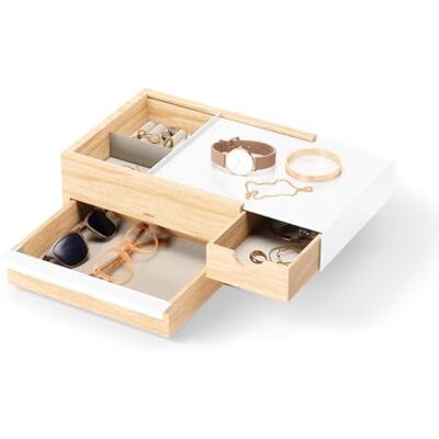 Umbra Stowit Design Schmuckkasten – Schmuckbox mit Geheimfächern für Ringe, Armbänder, Halsketten, Uhren, Ohrringe & Accessoires, Holz/Metall, Weiss/Natur, Gross Umbra Stowit Design Schmuckkasten – Schmuckbox mit Geheimfächern für Ringe, Armbänder, Halsketten, Uhren, Ohrringe & Accessoires, Holz/Metall, Weiss/Natur, Gross