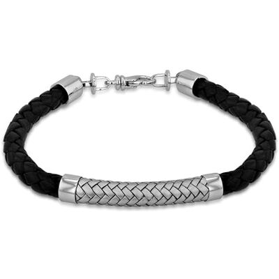 Amazon Armband aus rhodiniertem Sterlingsilber, schwarzem Leder und Satin, mit Fischgrätmuster, 21,5 cm Amazon Armband aus rhodiniertem Sterlingsilber, schwarzem Leder und Satin, mit Fischgrätmuster, 21,5 cm