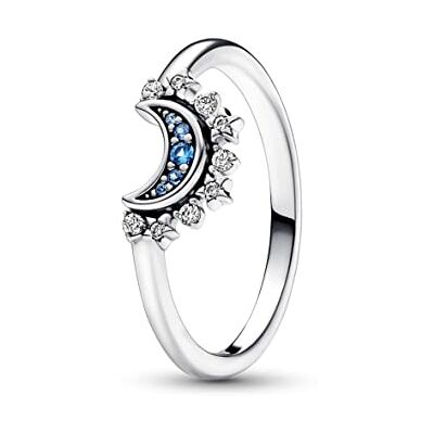 PANDORA Moments Himmlisch Funkelnder Blauer Mondring aus Sterling Silber mit klaren Cubic Zirkonia Steinchen in der Größe 58, 192675C01-58 PANDORA Moments Himmlisch Funkelnder Blauer Mondring aus Sterling Silber mit klaren Cubic Zirkonia Steinchen in der Größe 58, 192675C01-58