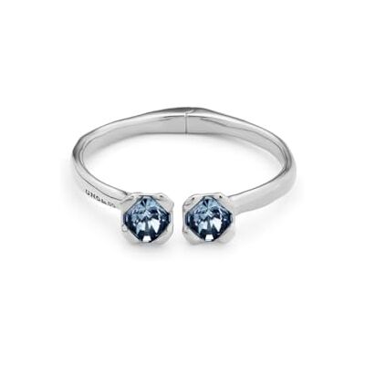 Uno de 50 Sterling Silber plattiertes, starres Armband im offenen Design mit innenliegender Feder und zwei facettierten blauen Kristallen an den Enden Uno de 50 Sterling Silber plattiertes, starres Armband im offenen Design mit innenliegender Feder und zwei facettierten blauen Kristallen an den Enden