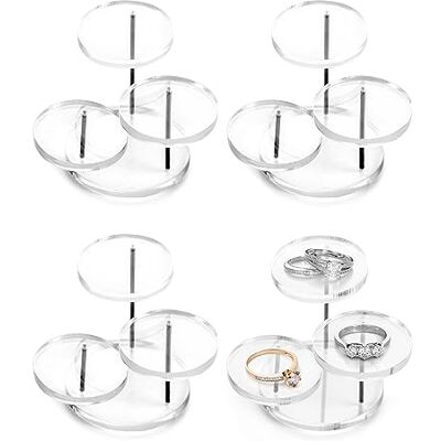 QWORK Runde Acryl-Produkte-Ständer, 3 Etagen, Schmuckständer für Ringe, Ohrringe, Mini-Figuren, transparent, 4 Stück QWORK Runde Acryl-Produkte-Ständer, 3 Etagen, Schmuckständer für Ringe, Ohrringe, Mini-Figuren, transparent, 4 Stück