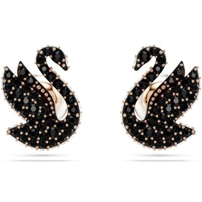 Swarovski Swan Ohrstecker, Schwarze und Rosé Vergoldete Ohrringe mit Schwan-Motiv und Strahlenden Kristallen Swarovski Swan Ohrstecker, Schwarze und Rosé Vergoldete Ohrringe mit Schwan-Motiv und Strahlenden Kristallen