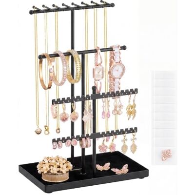 SONGMICS Schmuckständer, Kettenständer aus Metall und Samt, Ohrring Organizer mit Schmucktablett, 18 x 11 x 29,5 cm, Schwarz, Schminktisch Zubehör, CAELEY Kollektion JJS036B101 SONGMICS Schmuckständer, Kettenständer aus Metall und Samt, Ohrring Organizer mit Schmucktablett, 18 x 11 x 29,5 cm, Schwarz, Schminktisch Zubehör, CAELEY Kollektion JJS036B101