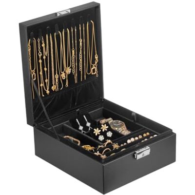 Prestige & Fancy Große Schmuck-Organizer-Box – 2-lagige Schmuckschatulle für Ohrringe, Halsketten, Ringe, Armbänder und Accessoires Elegante Schmuckhalter aus PU-Leder im Alligator-Stil Schwarz Prestige & Fancy Große Schmuck-Organizer-Box – 2-lagige Schmuckschatulle für Ohrringe, Halsketten, Ringe, Armbänder und Accessoires Elegante Schmuckhalter aus PU-Leder im Alligator-Stil Schwarz