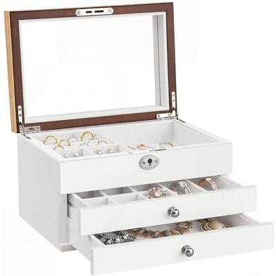 SONGMICS Schmuckkästchen 3 Ebenen, großer Spiegel, abschließbar Schmuckkasten, 2 Schubladen, für Ringe, Ohrringe, Armbänder, Halsketten, weiß-holzfarben, ANICIA Kollektion JOW15WNV1 SONGMICS Schmuckkästchen 3 Ebenen, großer Spiegel, abschließbar Schmuckkasten, 2 Schubladen, für Ringe, Ohrringe, Armbänder, Halsketten, weiß-holzfarben, ANICIA Kollektion JOW15WNV1