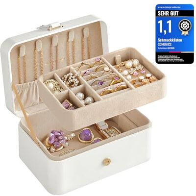 SONGMICS Schmuckkästchen Reise, 2 Ebenen, tragbar, 16 x 11 x 7,8 cm Schmuckaufbewahrung, Schmuck-Reiseetui, für größere Accessoires, Geschenkidee, Cremeweiss, GISELLA Kollektion JBC166W01 SONGMICS Schmuckkästchen Reise, 2 Ebenen, tragbar, 16 x 11 x 7,8 cm Schmuckaufbewahrung, Schmuck-Reiseetui, für größere Accessoires, Geschenkidee, Cremeweiss, GISELLA Kollektion JBC166W01