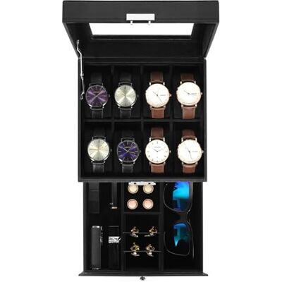 Uten Uhrenbox, 8 Fächern und 1 Schublade mit Schlüsselschloss, Glasdeckel, Schwarzes PU, Schwarzes Samtfutter, Herausnehmbare Kissen, Schmuckaufbewahrungsbox, Geschenkidee Uten Uhrenbox, 8 Fächern und 1 Schublade mit Schlüsselschloss, Glasdeckel, Schwarzes PU, Schwarzes Samtfutter, Herausnehmbare Kissen, Schmuckaufbewahrungsbox, Geschenkidee