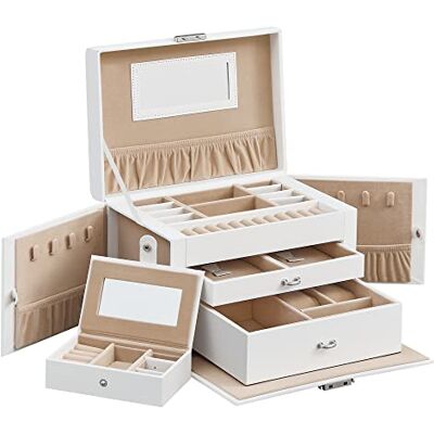 SONGMICS Schmuckkästchen, 3 Ebenen, 2 Schubladen, mit Griff, abschließbar Tragbare Mini-Box für Reisen, Geschenkidee, PU-Bezug in Wolkenweiß, Innenfutter in Beige, BRIDIE Kollektion JBC121W SONGMICS Schmuckkästchen, 3 Ebenen, 2 Schubladen, mit Griff, abschließbar Tragbare Mini-Box für Reisen, Geschenkidee, PU-Bezug in Wolkenweiß, Innenfutter in Beige, BRIDIE Kollektion JBC121W