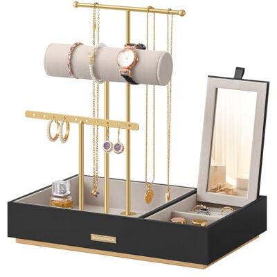 SONGMICS Schmuck Organizer mit 3 Ebenen, Samt Schmuckständer Halter für Armbänder Halsketten Uhren Ringe, Schminktisch Deko, Taubengrau und Gold, CAELEY Kollektion JJS022B01 SONGMICS Schmuck Organizer mit 3 Ebenen, Samt Schmuckständer Halter für Armbänder Halsketten Uhren Ringe, Schminktisch Deko, Taubengrau und Gold, CAELEY Kollektion JJS022B01