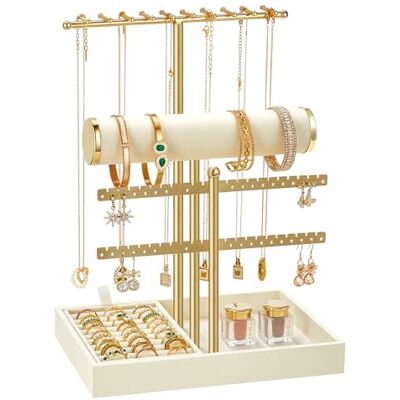 SONGMICS Schmuckhalter Schmuckständer 2 Armbandhalter Ohrringhalterung Schmuck-Organizer mit Tablett aus Samt, abnehmbarer Ringhalter, warmweiß-gold JJS047W101 SONGMICS Schmuckhalter Schmuckständer 2 Armbandhalter Ohrringhalterung Schmuck-Organizer mit Tablett aus Samt, abnehmbarer Ringhalter, warmweiß-gold JJS047W101