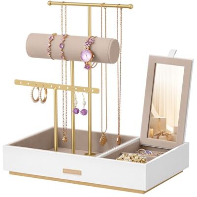 SONGMICS Schmuck Organizer mit 3 Ebenen, Samt Schmuckständer Halter für Armbänder Halsketten Uhren Ringe, Schminktisch Deko, Taubengrau und Gold, CAELEY Kollektion JJS022W01 SONGMICS Schmuck Organizer mit 3 Ebenen, Samt Schmuckständer Halter für Armbänder Halsketten Uhren Ringe, Schminktisch Deko, Taubengrau und Gold, CAELEY Kollektion JJS022W01