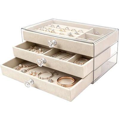 Elalove Schmuckkästchen, 3-lagiger Schmuckschatulle für Damen, Schmuckaufbewahrung Schublade, Schmuckkasten mit Samt-Futter, für Ohrringe, Halsketten, Ringen (Beige) Elalove Schmuckkästchen, 3-lagiger Schmuckschatulle für Damen, Schmuckaufbewahrung Schublade, Schmuckkasten mit Samt-Futter, für Ohrringe, Halsketten, Ringen (Beige)