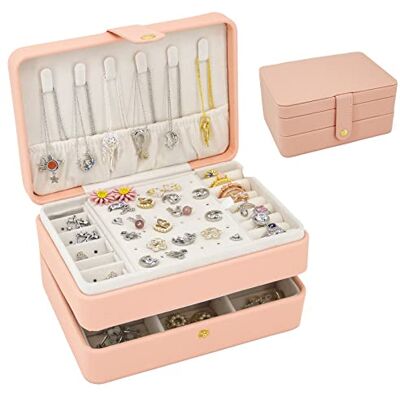 Douzi Schmuckkästchen, kleiner Reise-Schmuck-Organisator, tragbarer Schmuckkoffer für Frauen, Mädchen, Geschenk, doppelte Lagen PU-Leder-Schmuckhalter für Ringe, Ohrringe, Halsketten rosa Douzi Schmuckkästchen, kleiner Reise-Schmuck-Organisator, tragbarer Schmuckkoffer für Frauen, Mädchen, Geschenk, doppelte Lagen PU-Leder-Schmuckhalter für Ringe, Ohrringe, Halsketten rosa