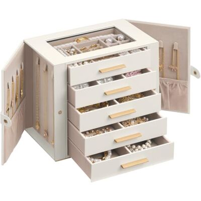 SONGMICS Schmuckkästchen für Damen, 5 Ebenen, Glasdeckel, Groß Schmuckschatullen, 26,1 x 15,6 x 22,2 cm, Halsketten Aufbewahrung, Cremeweiss und Hellbraun, GISELLA Kollektion, JBC252W101 SONGMICS Schmuckkästchen für Damen, 5 Ebenen, Glasdeckel, Groß Schmuckschatullen, 26,1 x 15,6 x 22,2 cm, Halsketten Aufbewahrung, Cremeweiss und Hellbraun, GISELLA Kollektion, JBC252W101