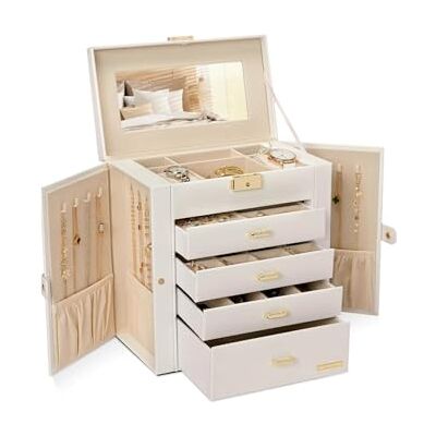 Wintem Schmuckkästchen mit Spiegel und 4 Schubladen für Damen im modernen Stil, geräumiger und kratzfester Schmuckständer mit verstellbaren Fächern, ideal als elegante und funktionale Geschenkidee Wintem Schmuckkästchen mit Spiegel und 4 Schubladen für Damen im modernen Stil, geräumiger und kratzfester Schmuckständer mit verstellbaren Fächern, ideal als elegante und funktionale Geschenkidee