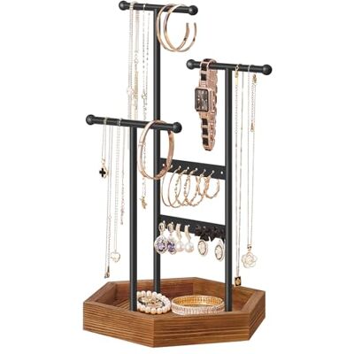 SONGMICS Schmuckständer, 4 getrennte Bereiche, Ohrringhalter aus Metall Schmuckaufbewahrung für Halsketten Armbänder Ohrringe, Geschenkidee, tintenschwarz-tan, CAELEY Kollektion JJS03CB SONGMICS Schmuckständer, 4 getrennte Bereiche, Ohrringhalter aus Metall Schmuckaufbewahrung für Halsketten Armbänder Ohrringe, Geschenkidee, tintenschwarz-tan, CAELEY Kollektion JJS03CB