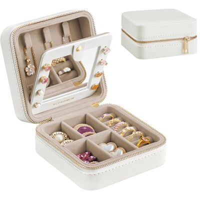 SONGMICS Schmuckkästchen Reise, Spiegel, PU-Bezug, 11,4 x 11,4 x 6 cm Schmuck-Reiseetui, Schmuckaufbewahrung tragbar, Reißverschluss, Geschenkidee, Weiß, GISELLA Kollektion, JBC146BEV1 SONGMICS Schmuckkästchen Reise, Spiegel, PU-Bezug, 11,4 x 11,4 x 6 cm Schmuck-Reiseetui, Schmuckaufbewahrung tragbar, Reißverschluss, Geschenkidee, Weiß, GISELLA Kollektion, JBC146BEV1