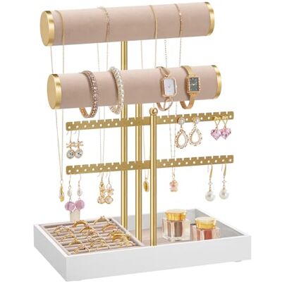 SONGMICS Schmuckhalter Schmuckständer 2 Armbandhalter Ohrringhalterung Schmuck-Organizer mit Tablett aus Samt, abnehmbarer Ringhalter, blassgold-kamelbraun JJS046A101 SONGMICS Schmuckhalter Schmuckständer 2 Armbandhalter Ohrringhalterung Schmuck-Organizer mit Tablett aus Samt, abnehmbarer Ringhalter, blassgold-kamelbraun JJS046A101