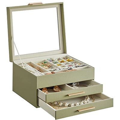 SONGMICS Schmuckkästchen mit Glasdeckel, 3 Ebenen, 2 Schubladen Schmuckaufbewahrung für Ohrringe, Ringe, Armbänder, Halsketten, Glam, salbeigrün-golden, GISELLA Kollektion JBC239C02 SONGMICS Schmuckkästchen mit Glasdeckel, 3 Ebenen, 2 Schubladen Schmuckaufbewahrung für Ohrringe, Ringe, Armbänder, Halsketten, Glam, salbeigrün-golden, GISELLA Kollektion JBC239C02