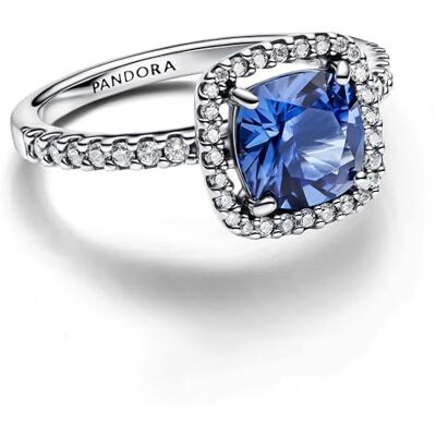 PANDORA Timeless Funkelnder Eckiger Blauer Strahlenkranz Statement-Ring aus Sterling Silber mit künstlichem Kristall, Größe: 58, 193550C01-58 PANDORA Timeless Funkelnder Eckiger Blauer Strahlenkranz Statement-Ring aus Sterling Silber mit künstlichem Kristall, Größe: 58, 193550C01-58