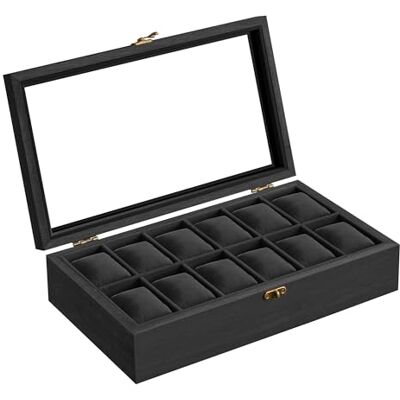 SONGMICS Uhrenbox mit 12 Fächern, Uhrenkasten aus Massivholz, mit Glasdeckel, Uhrenkissen, Geschenk für Ihre Liebsten, schwarz JOW120B02 SONGMICS Uhrenbox mit 12 Fächern, Uhrenkasten aus Massivholz, mit Glasdeckel, Uhrenkissen, Geschenk für Ihre Liebsten, schwarz JOW120B02