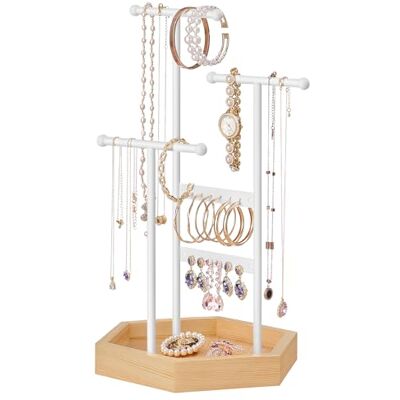 SONGMICS Schmuckständer, Schmuckhalter, 4 getrennte Bereiche, Ohrringhalter aus Metall, Schmuckaufbewahrung für Halsketten Armbänder Ohrringe, Geschenkidee, weiß-naturbeige JJS03NW SONGMICS Schmuckständer, Schmuckhalter, 4 getrennte Bereiche, Ohrringhalter aus Metall, Schmuckaufbewahrung für Halsketten Armbänder Ohrringe, Geschenkidee, weiß-naturbeige JJS03NW