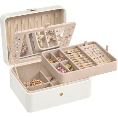 SONGMICS GISELLA Kollektion Schmuckkästchen mit Spiegel, Schmuckkasten mit 2 Ebenen, flexibles Schmucktablett, 17,6 x 22 x 11 cm, Ohrstecker-Organizer, Geschenkidee, wolkenweiß JBC200W01S SONGMICS GISELLA Kollektion Schmuckkästchen mit Spiegel, Schmuckkasten mit 2 Ebenen, flexibles Schmucktablett, 17,6 x 22 x 11 cm, Ohrstecker-Organizer, Geschenkidee, wolkenweiß JBC200W01S