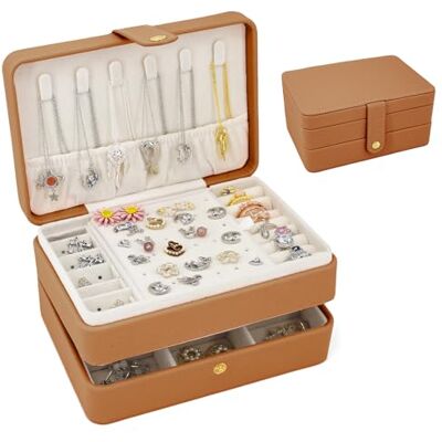 Douzi Schmuckkästchen, kleiner Reise-Schmuck-Organisator, tragbarer Schmuckkoffer für Frauen, Mädchen, Geschenk, doppelte Lagen PU-Leder-Schmuckhalter für Ringe, Ohrringe, Halsketten braun Douzi Schmuckkästchen, kleiner Reise-Schmuck-Organisator, tragbarer Schmuckkoffer für Frauen, Mädchen, Geschenk, doppelte Lagen PU-Leder-Schmuckhalter für Ringe, Ohrringe, Halsketten braun