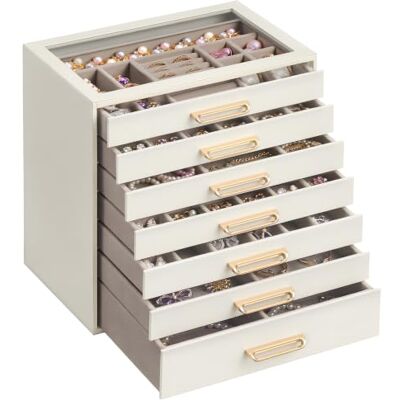 SONGMICS Schmuckkästchen mit 7 Ebenen, Glasdeckel und Schubladen Große Schmuckaufbewahrung für Ringe, Ohrringe, Ketten, 24 x 17,2 x 24 cm, Cremeweiß und Beige, GLORIBEL Kollektion JBC207W101 SONGMICS Schmuckkästchen mit 7 Ebenen, Glasdeckel und Schubladen Große Schmuckaufbewahrung für Ringe, Ohrringe, Ketten, 24 x 17,2 x 24 cm, Cremeweiß und Beige, GLORIBEL Kollektion JBC207W101