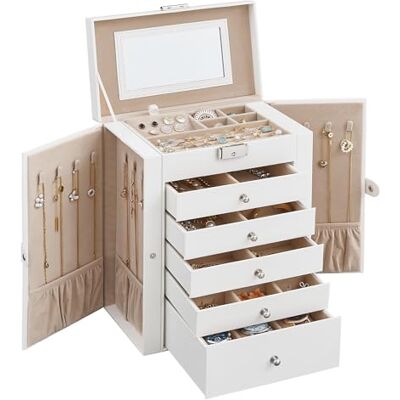 SONGMICS Schmuckkästchen 6 Ebenen, mit 5 Schubladen, abschließbar Schmuckaufbewahrung für Uhren, viel Stauraum, innen mit Spiegel, wolkenweiß und hellbraun, BRIDIE Kollektion JBC152W01 SONGMICS Schmuckkästchen 6 Ebenen, mit 5 Schubladen, abschließbar Schmuckaufbewahrung für Uhren, viel Stauraum, innen mit Spiegel, wolkenweiß und hellbraun, BRIDIE Kollektion JBC152W01