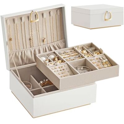 SONGMICS Schmuckkästchen 2 Ebenen, mit Metallgriff, 23,9 x 20 x 11,2 cm Schmuckkasten, flexibles Schmucktablett, mit Griff, Geschenkidee, Cremeweiss und Hellbraun, GREETA Kollektion JBC165W01 SONGMICS Schmuckkästchen 2 Ebenen, mit Metallgriff, 23,9 x 20 x 11,2 cm Schmuckkasten, flexibles Schmucktablett, mit Griff, Geschenkidee, Cremeweiss und Hellbraun, GREETA Kollektion JBC165W01