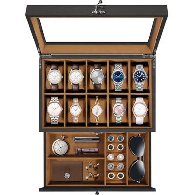 Uten Uhrenbox mit 10 Fächern, 2 Ebenen Uhrenkasten aus Massivholz mit Glasdeckel, Uhrenkissen Seidenbaumwolle, Schmuckaufbewahrung, Geschenkidee,Braunes Futter Uten Uhrenbox mit 10 Fächern, 2 Ebenen Uhrenkasten aus Massivholz mit Glasdeckel, Uhrenkissen Seidenbaumwolle, Schmuckaufbewahrung, Geschenkidee,Braunes Futter