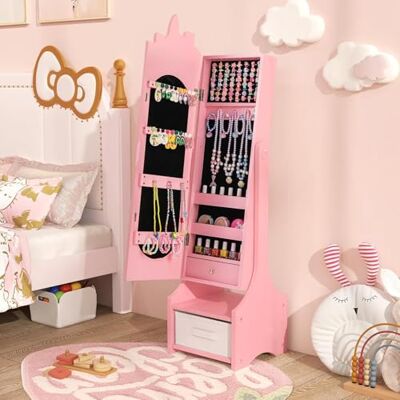 FANTASK 2 in 1 Kinder Schmuckschrank, Spiegelschrank neigbar mit Ganzkörperspiegel, Rosa Einhorn Mädchen Schublade & Aufbewahrunskorb, Schmuckständer Schminkspiegel für Kinder ab 3 Jahre FANTASK 2 in 1 Kinder Schmuckschrank, Spiegelschrank neigbar mit Ganzkörperspiegel, Rosa Einhorn Mädchen Schublade & Aufbewahrunskorb, Schmuckständer Schminkspiegel für Kinder ab 3 Jahre