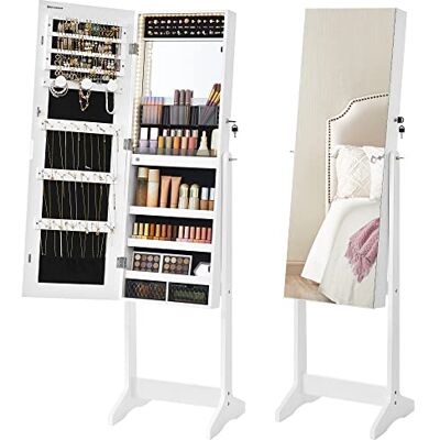 SONGMICS Schmuckschrank, Spiegelschrank, mit rahmenlosem Ganzkörperspiegel, LED-Beleuchtung, Innenspiegel, 2 Schubladen, abschließbar, wolkenweiß JJC023W01 SONGMICS Schmuckschrank, Spiegelschrank, mit rahmenlosem Ganzkörperspiegel, LED-Beleuchtung, Innenspiegel, 2 Schubladen, abschließbar, wolkenweiß JJC023W01
