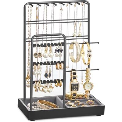 SONGMICS Schmuckständer, Metallrahmen, Schmucktablett Samt, für Halsketten Schmuckhalter, Schmuckaufbewahrung für Armbänder, Ohrringe, Ohrstecker, Ringe, schwarz, CAELEY Kollektion JJS021B01 SONGMICS Schmuckständer, Metallrahmen, Schmucktablett Samt, für Halsketten Schmuckhalter, Schmuckaufbewahrung für Armbänder, Ohrringe, Ohrstecker, Ringe, schwarz, CAELEY Kollektion JJS021B01