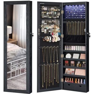 SONGMICS Schmuckschrank, Wand-Aufbewahrungsmöbel für Halsketten, Ohrringe, Zubehörschrank, mit Spiegel, verschiedene Fächer, abschließbar, Schwarz JJC093B01 SONGMICS Schmuckschrank, Wand-Aufbewahrungsmöbel für Halsketten, Ohrringe, Zubehörschrank, mit Spiegel, verschiedene Fächer, abschließbar, Schwarz JJC093B01
