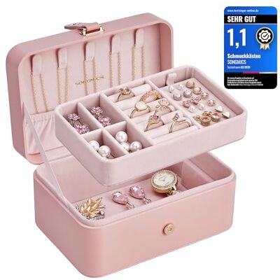 SONGMICS Schmuckkästchen Reise, 2 Ebenen, tragbar, 16 x 11 x 7,8 cm Schmuckaufbewahrung, Schmuck-Reiseetui, für größere Accessoires, Geschenkidee, Gelee-Rosa, GISELLA Kollektion JBC166R01 SONGMICS Schmuckkästchen Reise, 2 Ebenen, tragbar, 16 x 11 x 7,8 cm Schmuckaufbewahrung, Schmuck-Reiseetui, für größere Accessoires, Geschenkidee, Gelee-Rosa, GISELLA Kollektion JBC166R01