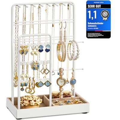 SONGMICS Schmuckständer, Metallrahmen, Schmucktablett Samt, für Halsketten Schmuckhalter, Schmuckaufbewahrung für Armbänder, Ohrringe, Ohrstecker, Ringe, Mattweiss, CAELEY Kollektion JJS021W01 SONGMICS Schmuckständer, Metallrahmen, Schmucktablett Samt, für Halsketten Schmuckhalter, Schmuckaufbewahrung für Armbänder, Ohrringe, Ohrstecker, Ringe, Mattweiss, CAELEY Kollektion JJS021W01