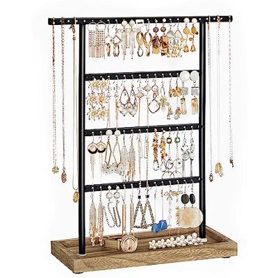 SONGMICS Schmuckständer, 4 Stangen, Kettenständer, Holz-Sockel Schmuckaufbewahrung mit Schmucktablett, für Ohrringe, Ohrstecker, Glam-Stil, tintenschwarz-tan, CAELEY Kollektion JJS019B01 SONGMICS Schmuckständer, 4 Stangen, Kettenständer, Holz-Sockel Schmuckaufbewahrung mit Schmucktablett, für Ohrringe, Ohrstecker, Glam-Stil, tintenschwarz-tan, CAELEY Kollektion JJS019B01