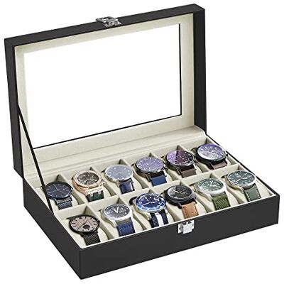 SONGMICS Uhrenbox mit 12 Fächern, Uhrenkasten, Glasdeckel, Uhrenkoffer, herausnehmbare Uhrenkissen, Metallverschluss, Geschenkidee, PU-Bezug in Schwarz, Samtfutter in Grünbeige JWB12BE SONGMICS Uhrenbox mit 12 Fächern, Uhrenkasten, Glasdeckel, Uhrenkoffer, herausnehmbare Uhrenkissen, Metallverschluss, Geschenkidee, PU-Bezug in Schwarz, Samtfutter in Grünbeige JWB12BE