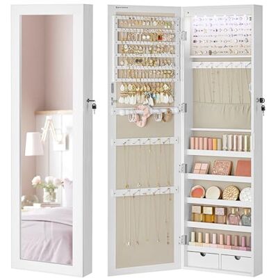 SONGMICS Schmuckschrank hängend, Wandspiegel, 6 LED-Glühbirnen, abschließbarer Spiegelschrank, Wandschrank, Wandmontage, an der Tür hängend, weiß mit Holzmaserung-beige JJC093W01, 10x20 cm SONGMICS Schmuckschrank hängend, Wandspiegel, 6 LED-Glühbirnen, abschließbarer Spiegelschrank, Wandschrank, Wandmontage, an der Tür hängend, weiß mit Holzmaserung-beige JJC093W01, 10x20 cm