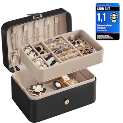 SONGMICS Schmuckkästchen Reise, 2 Ebenen, tragbar, 16 x 11 x 7,8 cm Schmuckaufbewahrung, Schmuck-Reiseetui, für größere Accessoires, Geschenkidee, Schwarz, GISELLA Kollektion JBC166B01 SONGMICS Schmuckkästchen Reise, 2 Ebenen, tragbar, 16 x 11 x 7,8 cm Schmuckaufbewahrung, Schmuck-Reiseetui, für größere Accessoires, Geschenkidee, Schwarz, GISELLA Kollektion JBC166B01