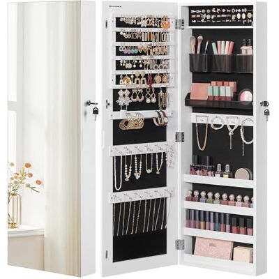 SONGMICS Schmuckschrank hängend, Hängeschrank, abschließbarer Spiegelschrank, Wandschrank mit rahmenlosem Ganzkörperspiegel und 2 separaten Make-up-Organizern, für Ketten, Ohrringe, weiß JJC001W01 SONGMICS Schmuckschrank hängend, Hängeschrank, abschließbarer Spiegelschrank, Wandschrank mit rahmenlosem Ganzkörperspiegel und 2 separaten Make-up-Organizern, für Ketten, Ohrringe, weiß JJC001W01